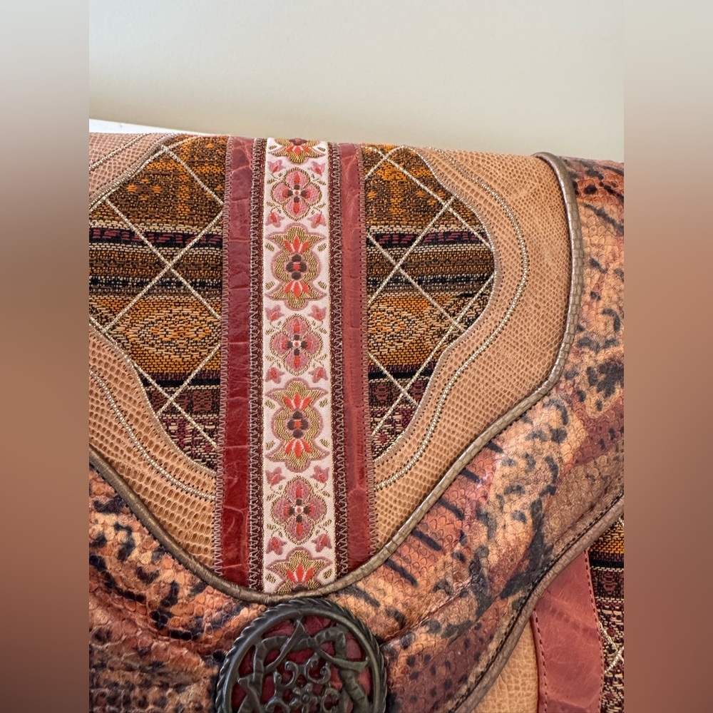 Sharif Mixed Media Snakeskin, Leather and Fabric Patchwork Crossbody Vintage - Picture 3 of 16